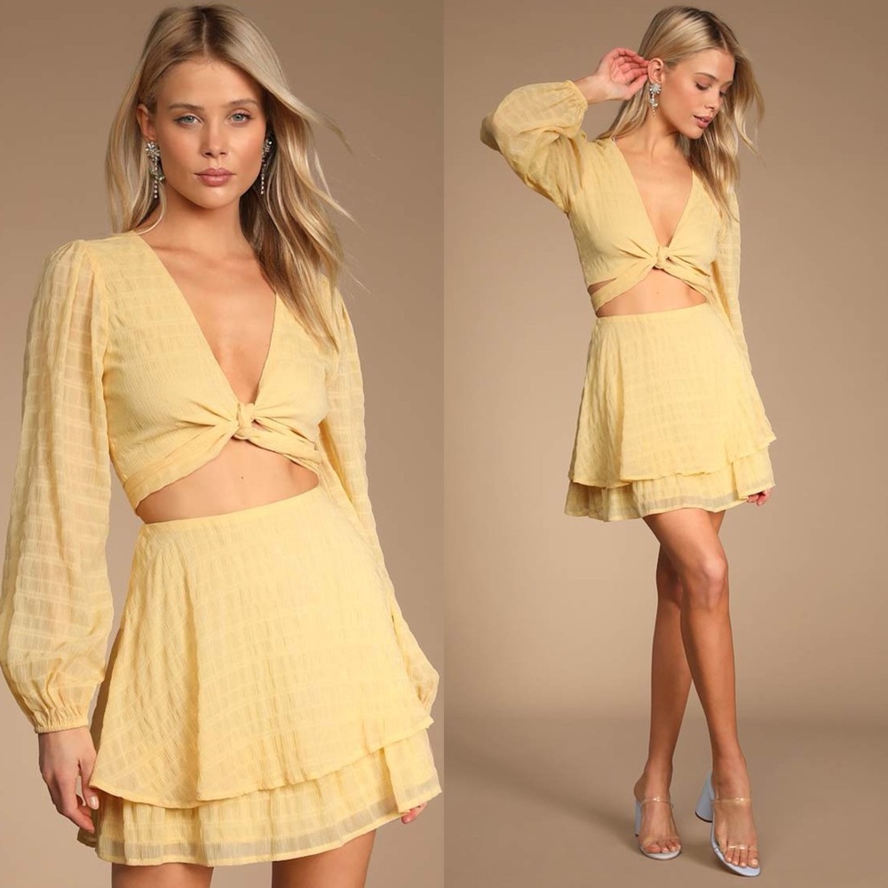 LULUS Sunny Sensation Light Yellow Long Sleeve Cropped
Wrap Top & Skirt Set